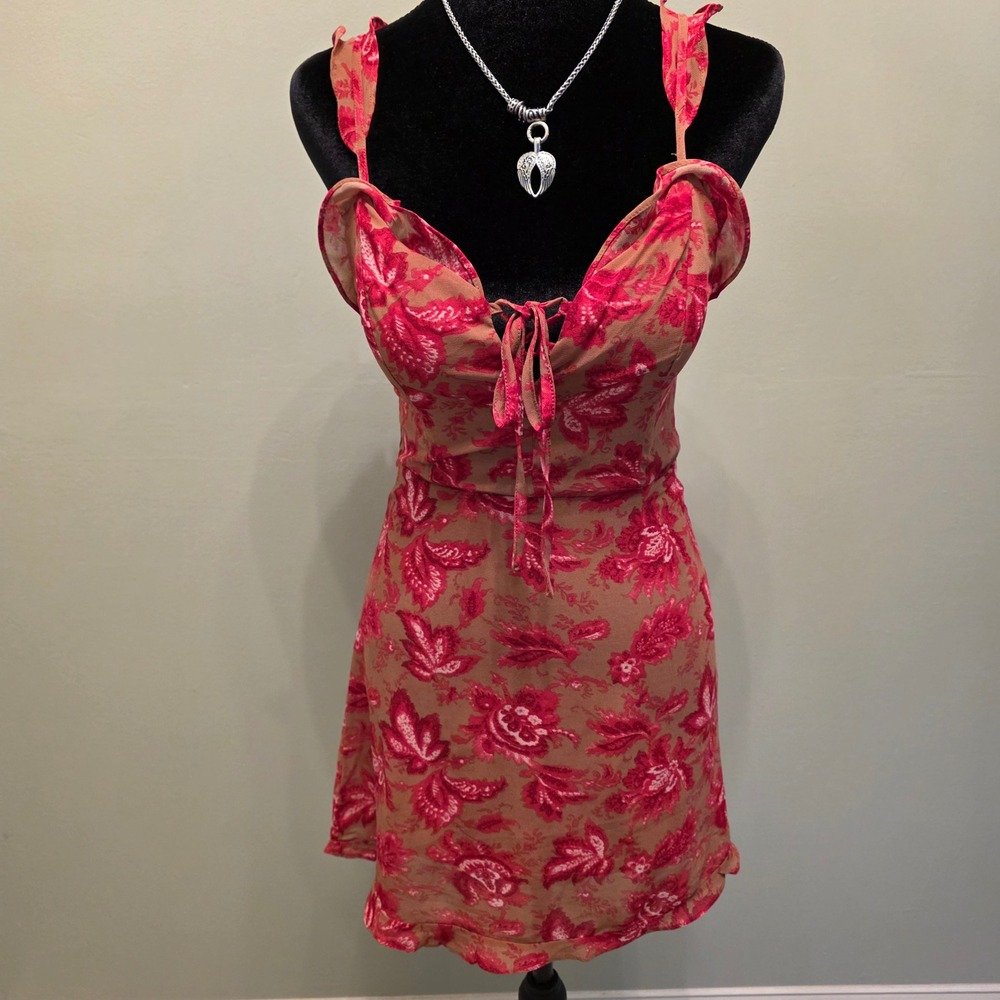 White Fox Tan Pink Floral Paisley Ruffle Mini Dress XS Tie Front Smocked Back